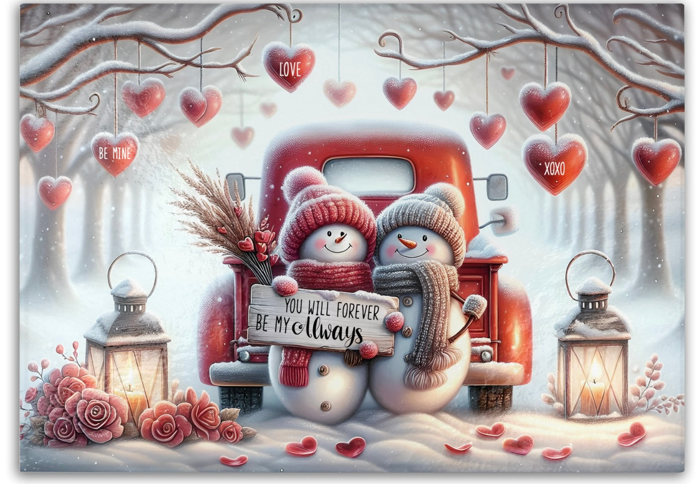 Valentine’s Day Snowman Glass Cutting Board - Durable Kitchen Decor & Charcuterie Tray