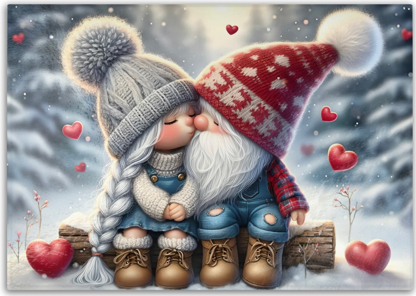 Valentine’s Day Tempered Glass Cutting Board - Gnome Couple with Hearts in Snowy Background