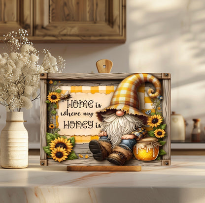 Sunflower Gnome, Tempered Glass Cutting Board, Home is Where My Honey is, 2 sizes available