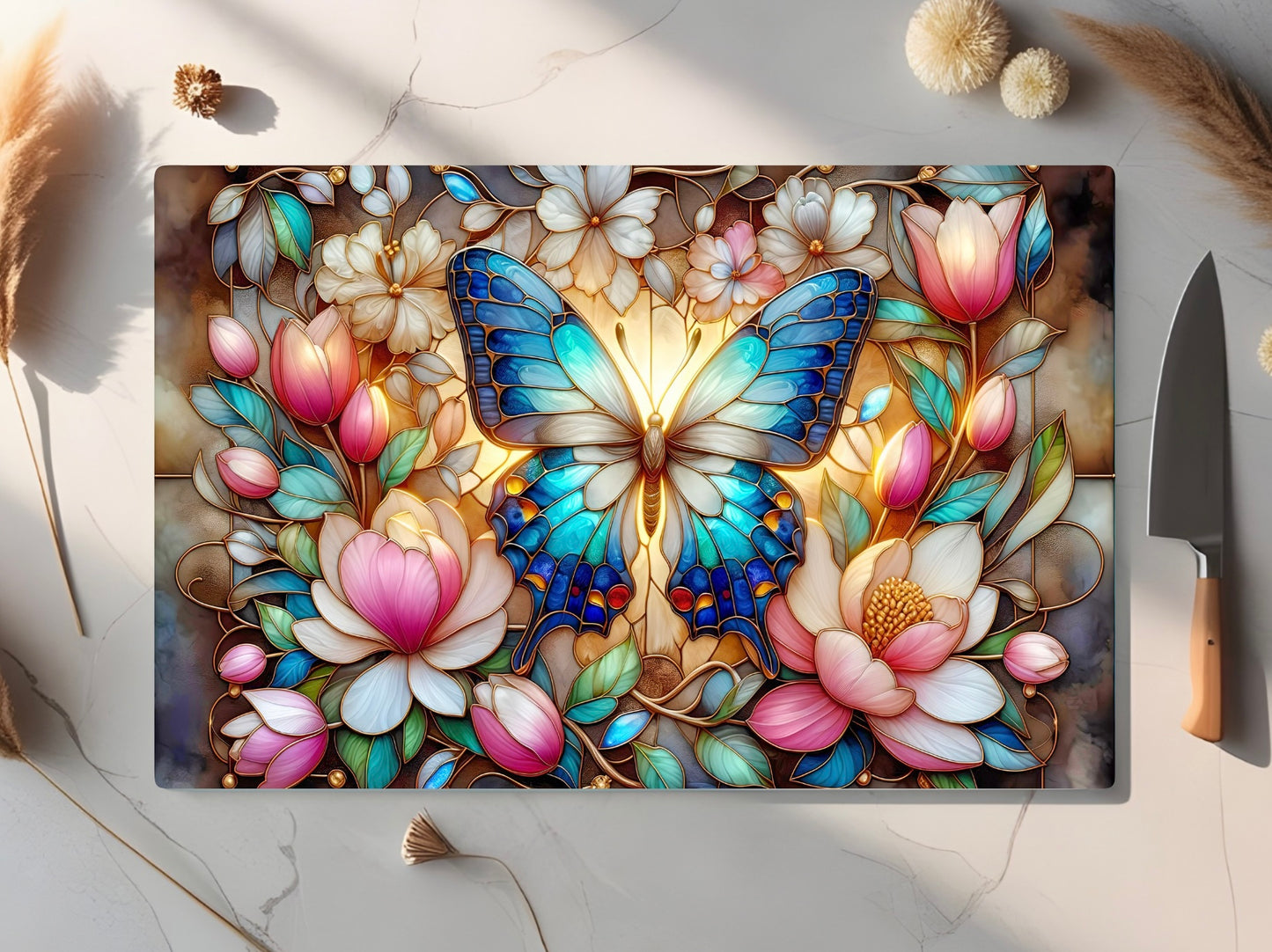 Butterfly and Flowers, Tempered Glass Cutting Board, Stained Glass Design, 2 Sizes Available