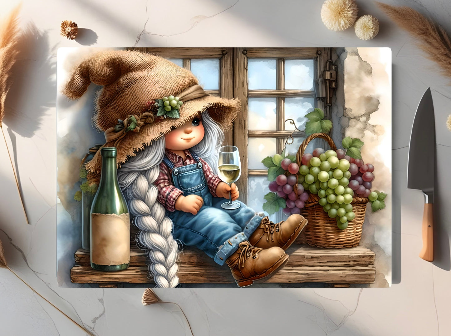 Wine-Loving Gnome, Tempered Glass Cutting Board, 2 Sizes Available