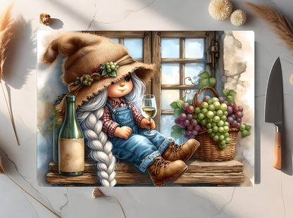 Wine-Loving Gnome, Tempered Glass Cutting Board, 2 Sizes Available