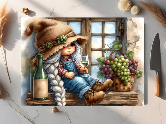Wine-Loving Gnome, Tempered Glass Cutting Board, 2 Sizes Available