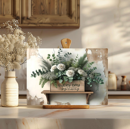 Eucalyptus, White Roses, Baby Breath, Tempered Glass Cutting Board, Every Day is a New Beginning, 2 Sizes available