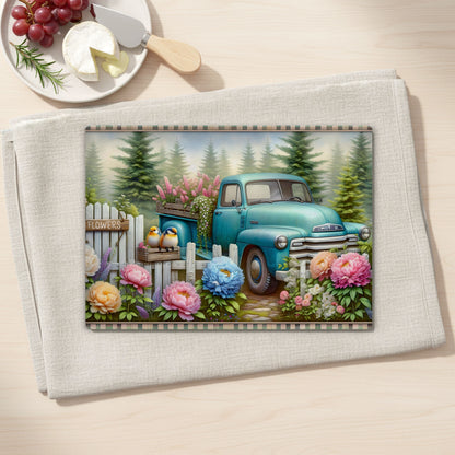 Vintage Teal Truck Floral Garden Tempered Glass Cutting Board, 2 Sizes,  Kitchen Decor, Serving Tray, Charcuterie Board