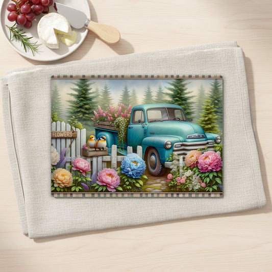 Vintage Teal Truck Floral Garden Tempered Glass Cutting Board, 2 Sizes,  Kitchen Decor, Serving Tray, Charcuterie Board