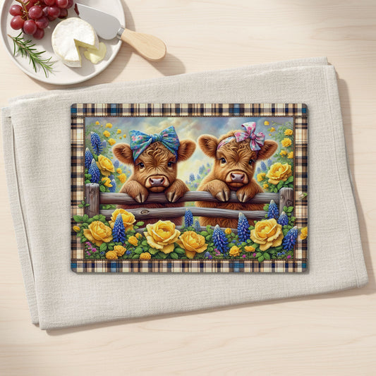 Highland Cow Floral Plaid Tempered Glass Cutting Board, 2 Sizes,  Kitchen Decor, Serving Tray, Charcuterie Board