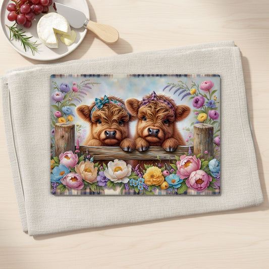 Highland Cow Floral Plaid Tempered Glass Cutting Board, 2 Sizes,  Kitchen Decor, Serving Tray, Charcuterie Board