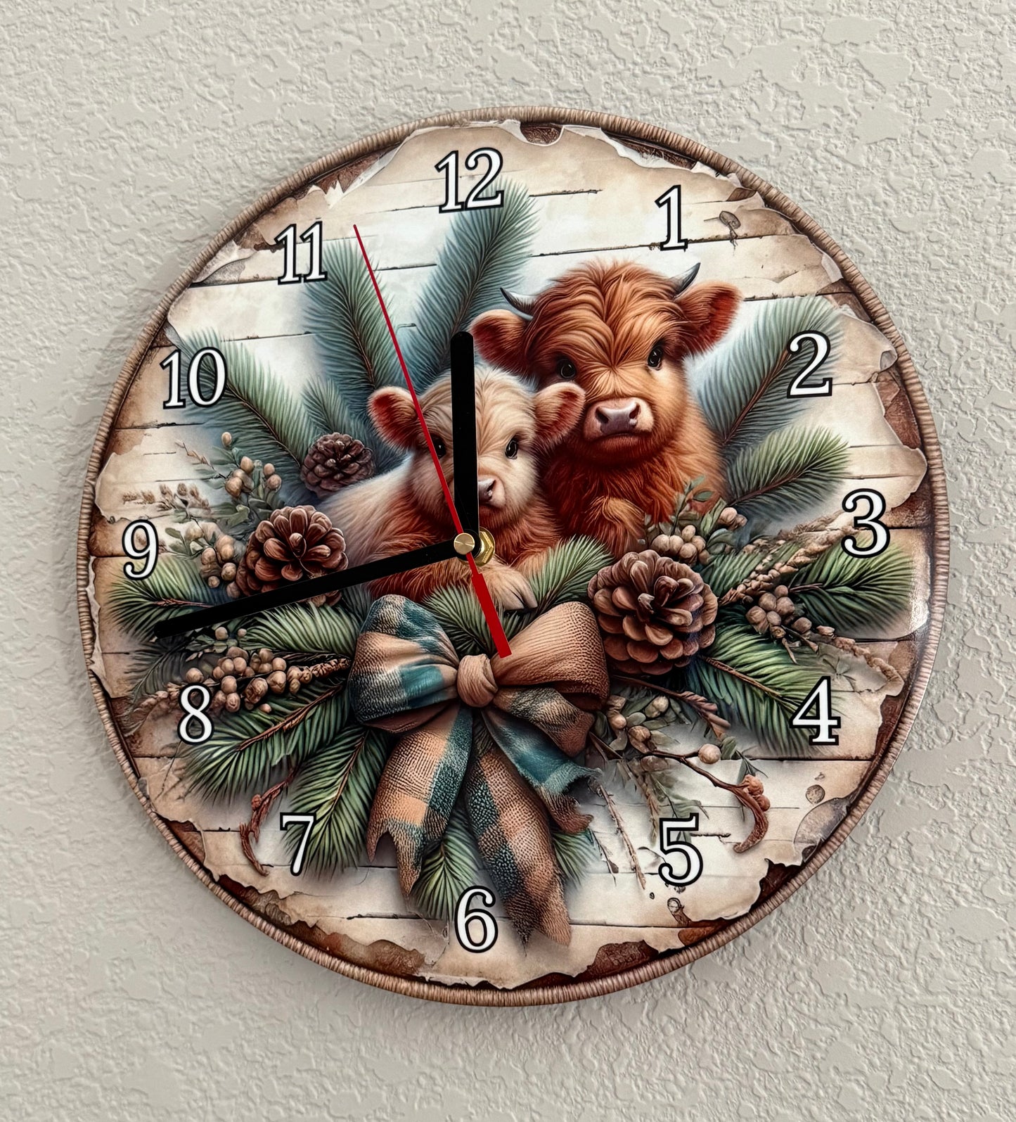 Charming Highland Cow 12” Round Battery Operated Clock Versatile Display Options