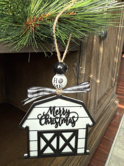 Black and White Farmhouse Barn Christmas Ornament