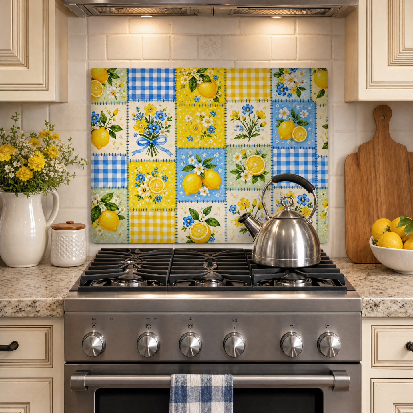 Lemon Floral Patchwork Tempered Glass Cutting Board 15x11 in