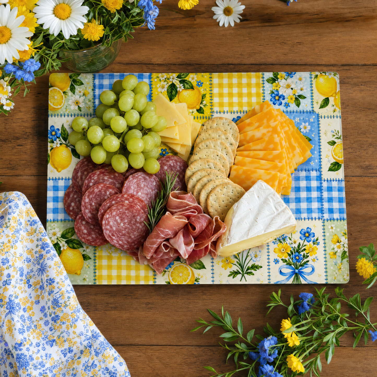 Lemon Floral Patchwork Tempered Glass Cutting Board 15x11 in