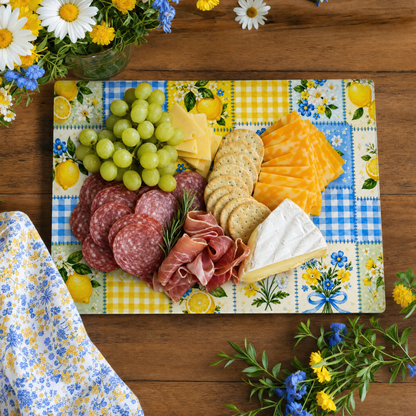 Lemon Floral Patchwork Tempered Glass Cutting Board 15x11 in