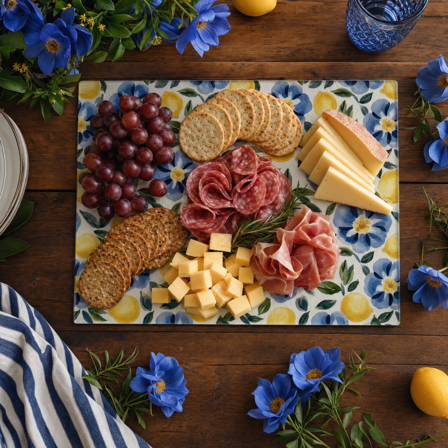 Glass Cutting Board Lemon Floral 15 x 11 in, Charcuterie Board