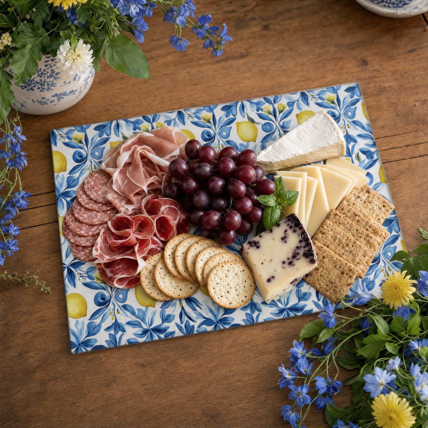 Lemon Blue Floral Tempered Glass Cutting Board 15 x 11 in
