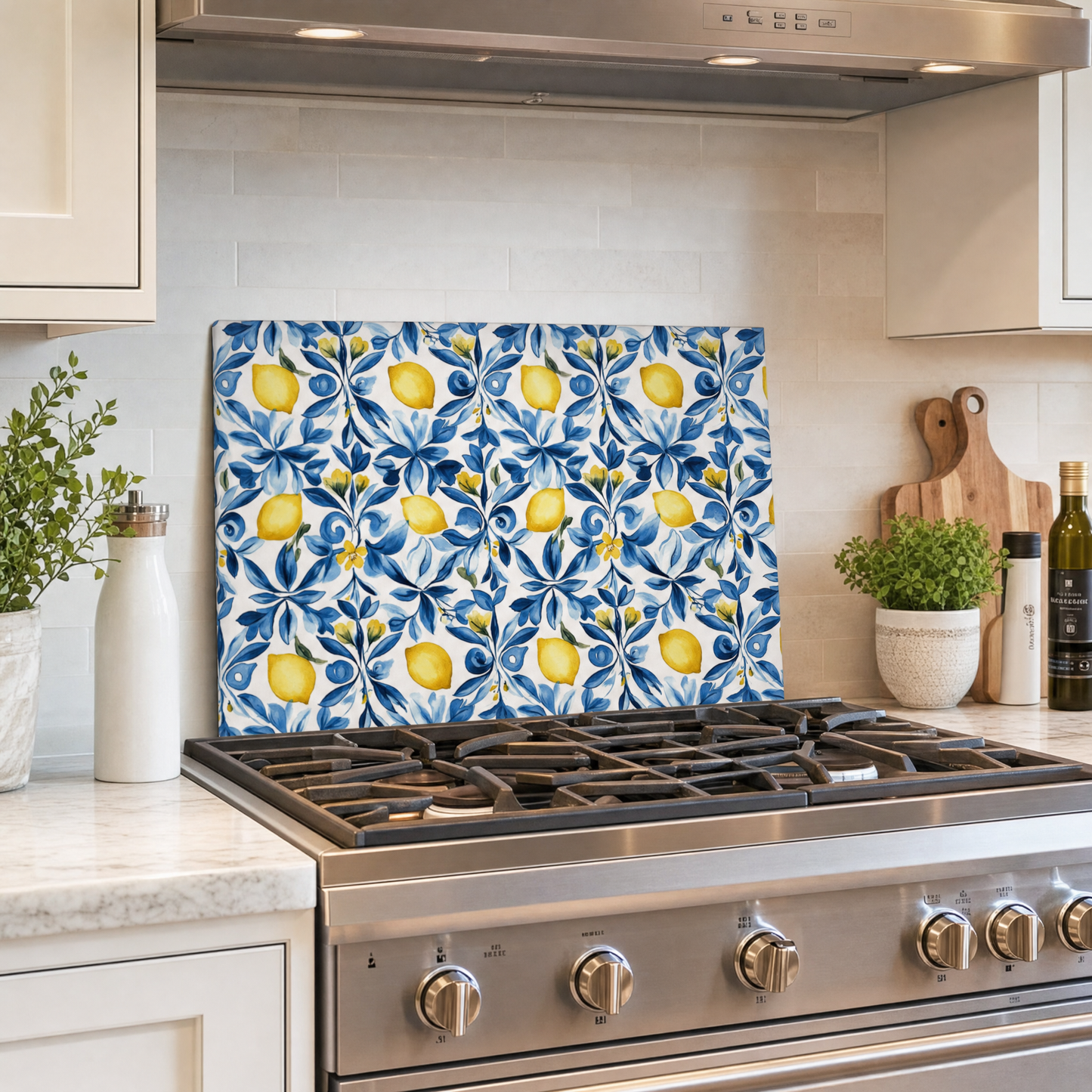 Lemon Blue Floral Tempered Glass Cutting Board 15 x 11 in