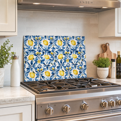 Lemon Blue Floral Tempered Glass Cutting Board 15 x 11 in