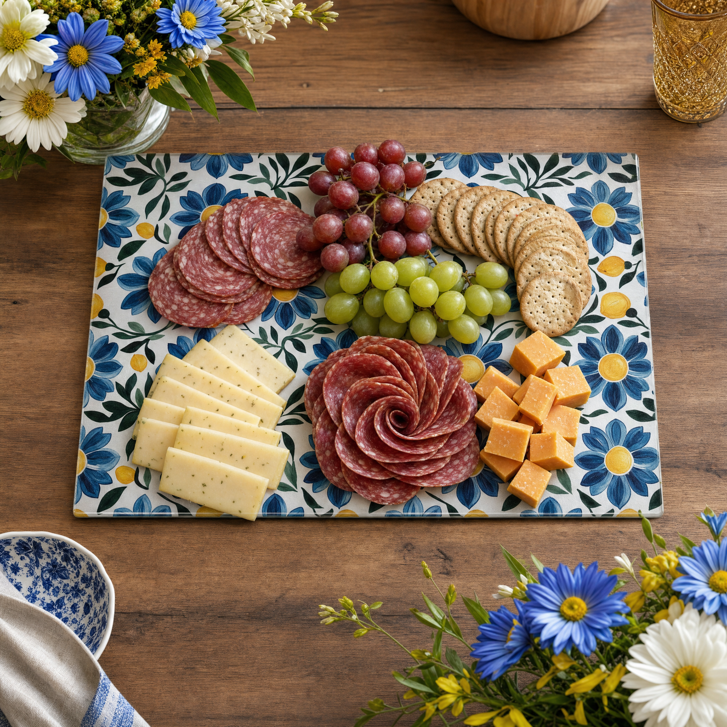 Blue Floral and Lemon Tempered Glass Cutting Board 15 x 11 in