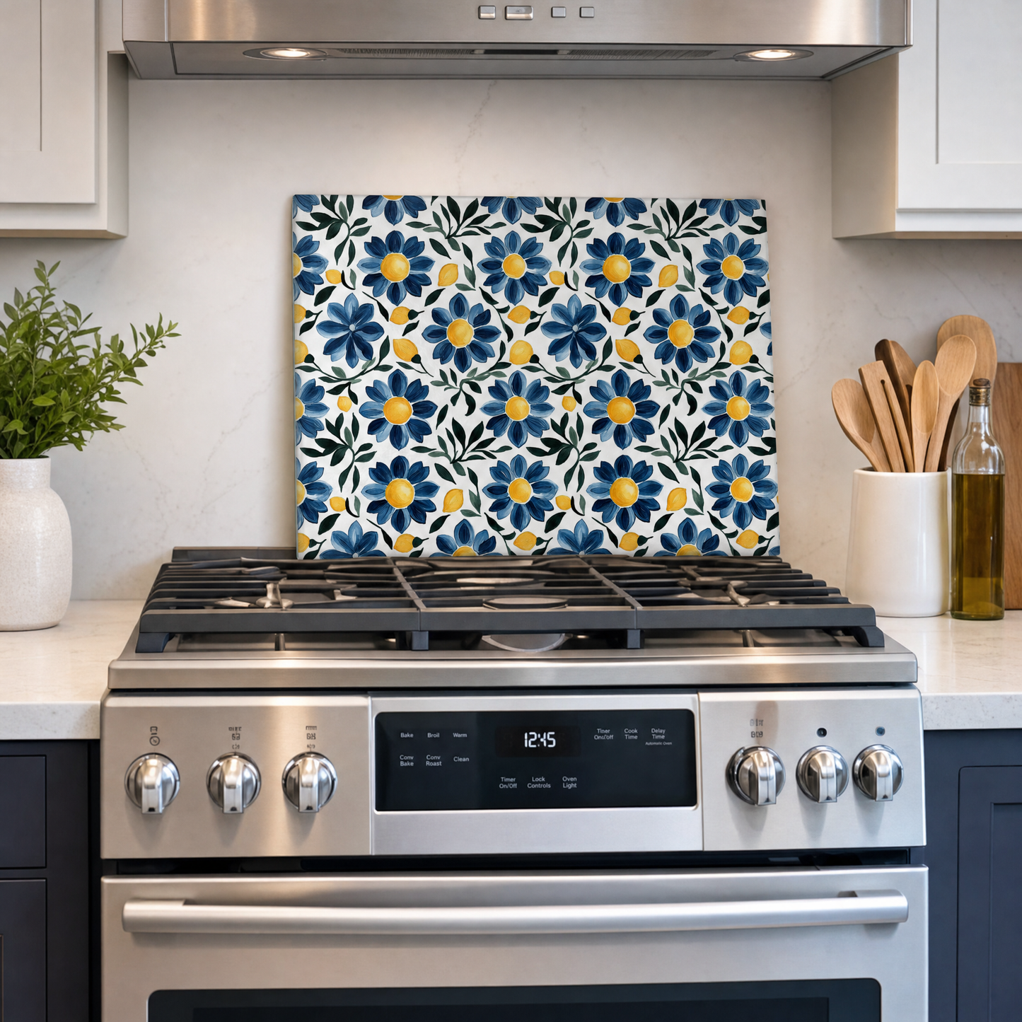 Blue Floral and Lemon Tempered Glass Cutting Board 15 x 11 in