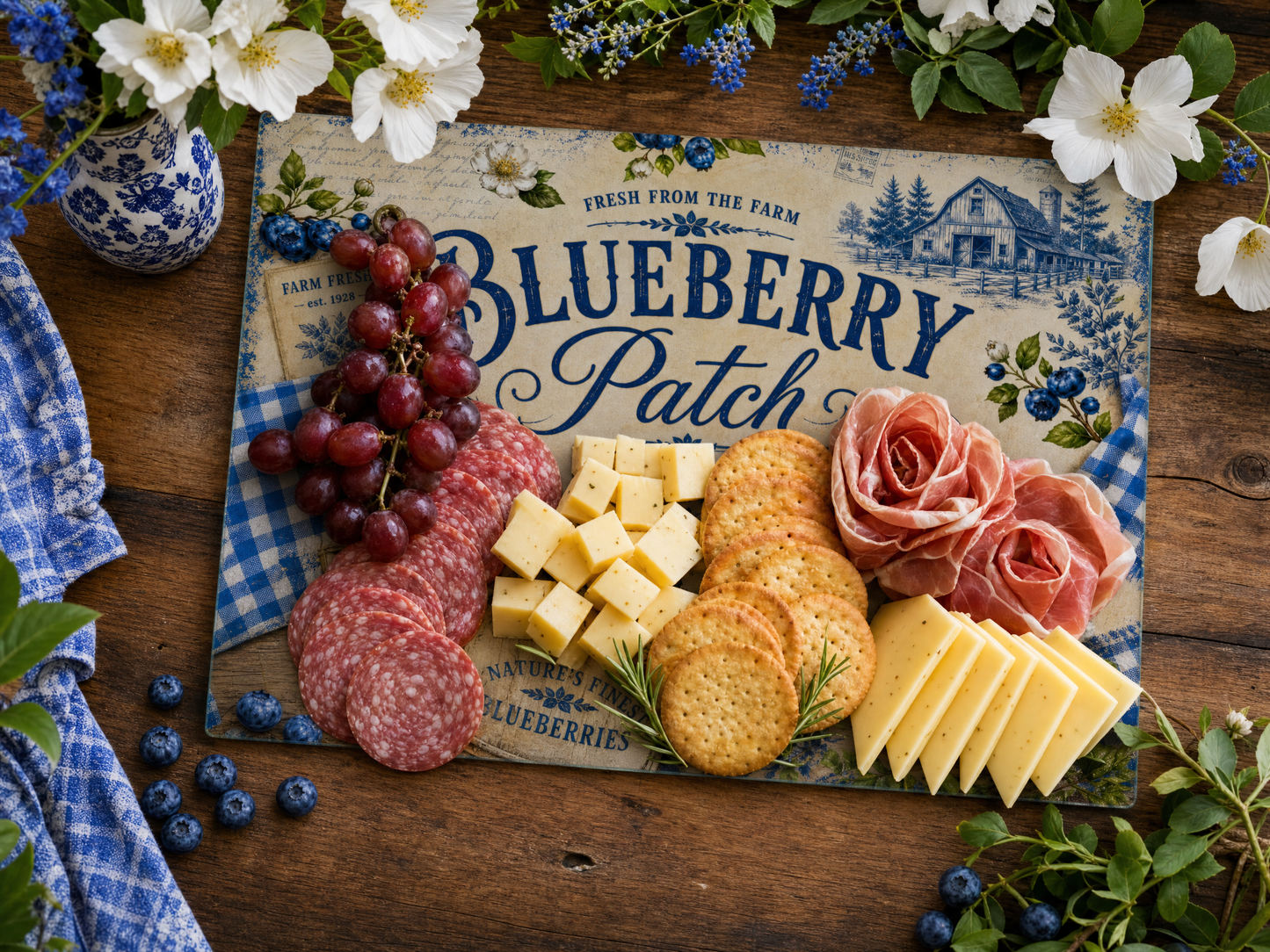 Blueberry Patch Tempered Glass Cutting Board 15" x 11"