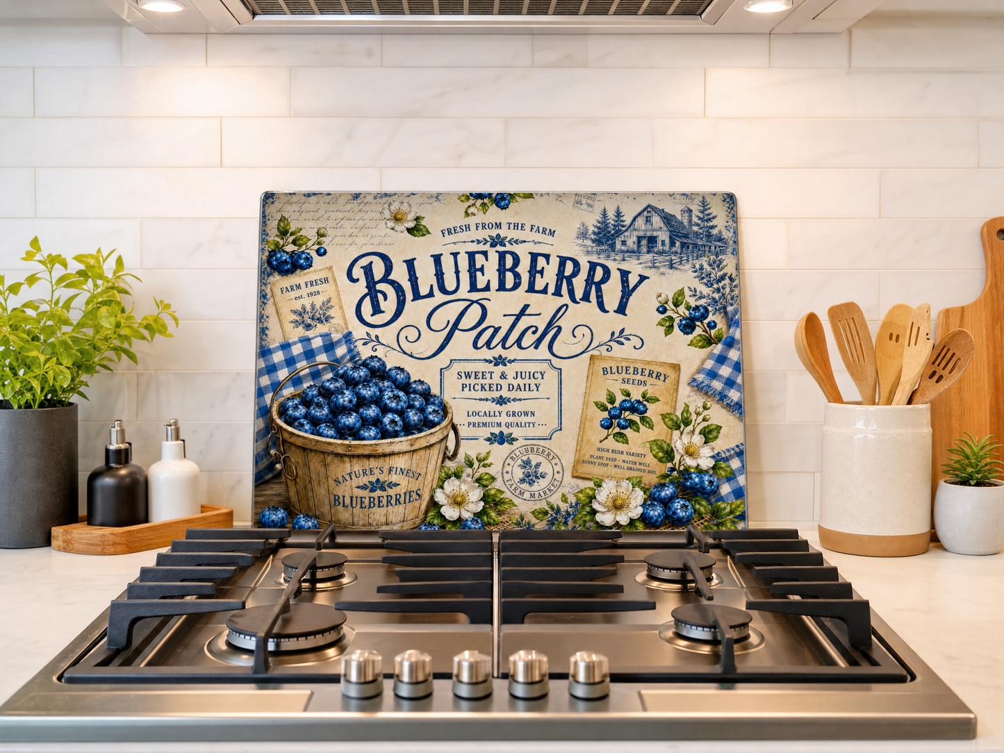 Blueberry Patch Tempered Glass Cutting Board 15" x 11"