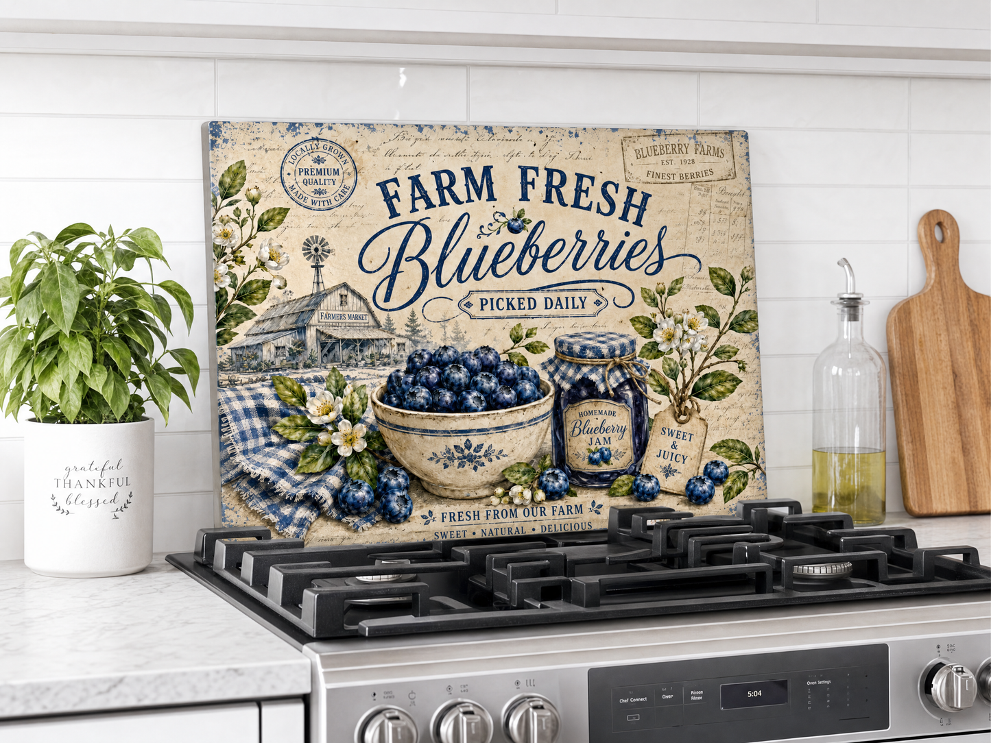 Farm Fresh Blueberries Tempered Glass Cutting Board 15x11 in