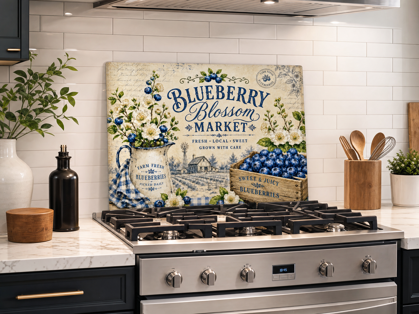 Blueberry Blossom Market Tempered Glass Cutting Board 15x11 in