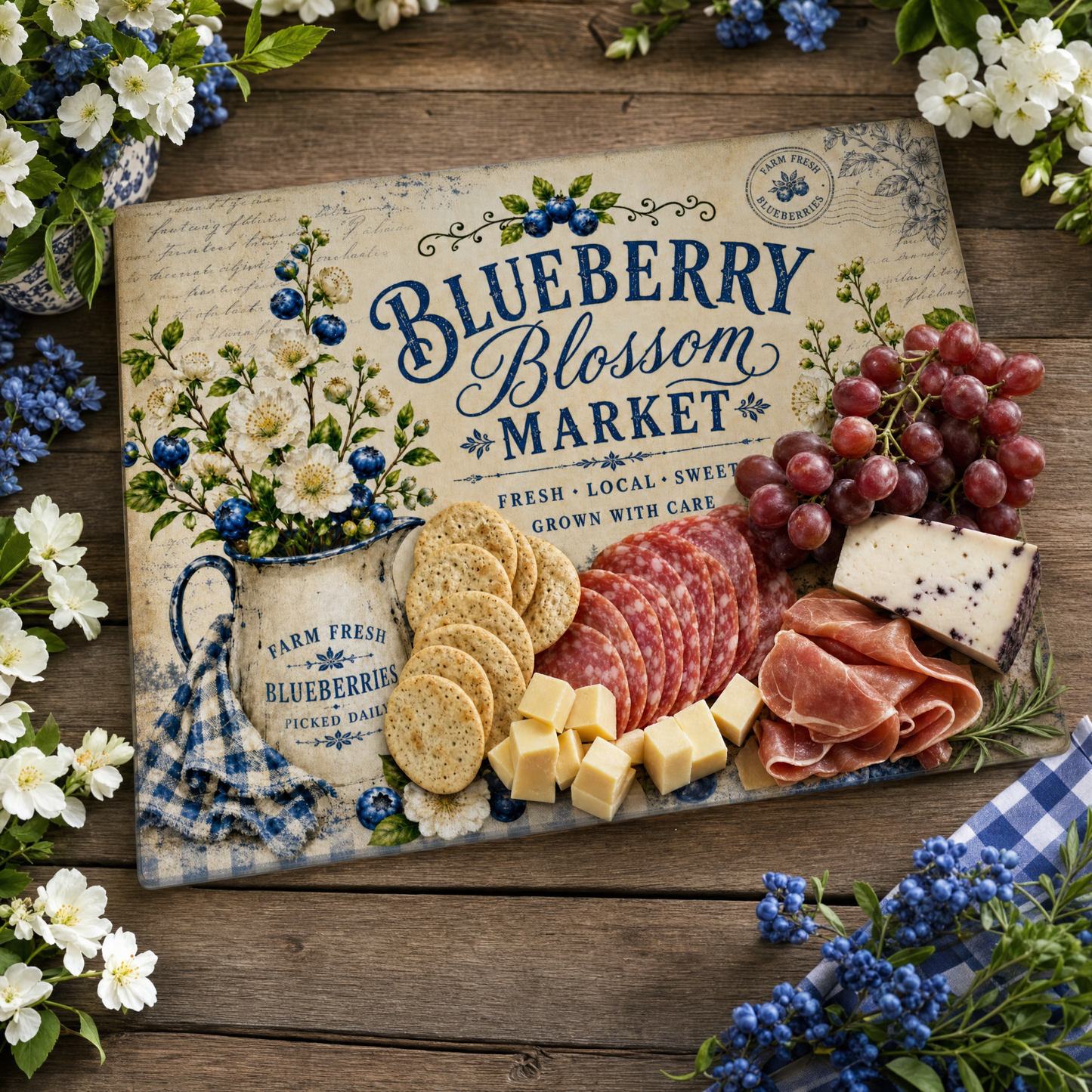 Blueberry Blossom Market Tempered Glass Cutting Board 15x11 in