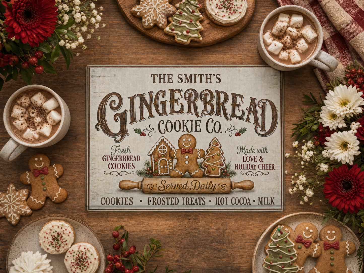 Personalized Gingerbread Cookie Co. Glass Cutting Board 15x11 in