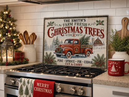 Personalized Farm Fresh Christmas Trees Glass Cutting Board 15x11 in