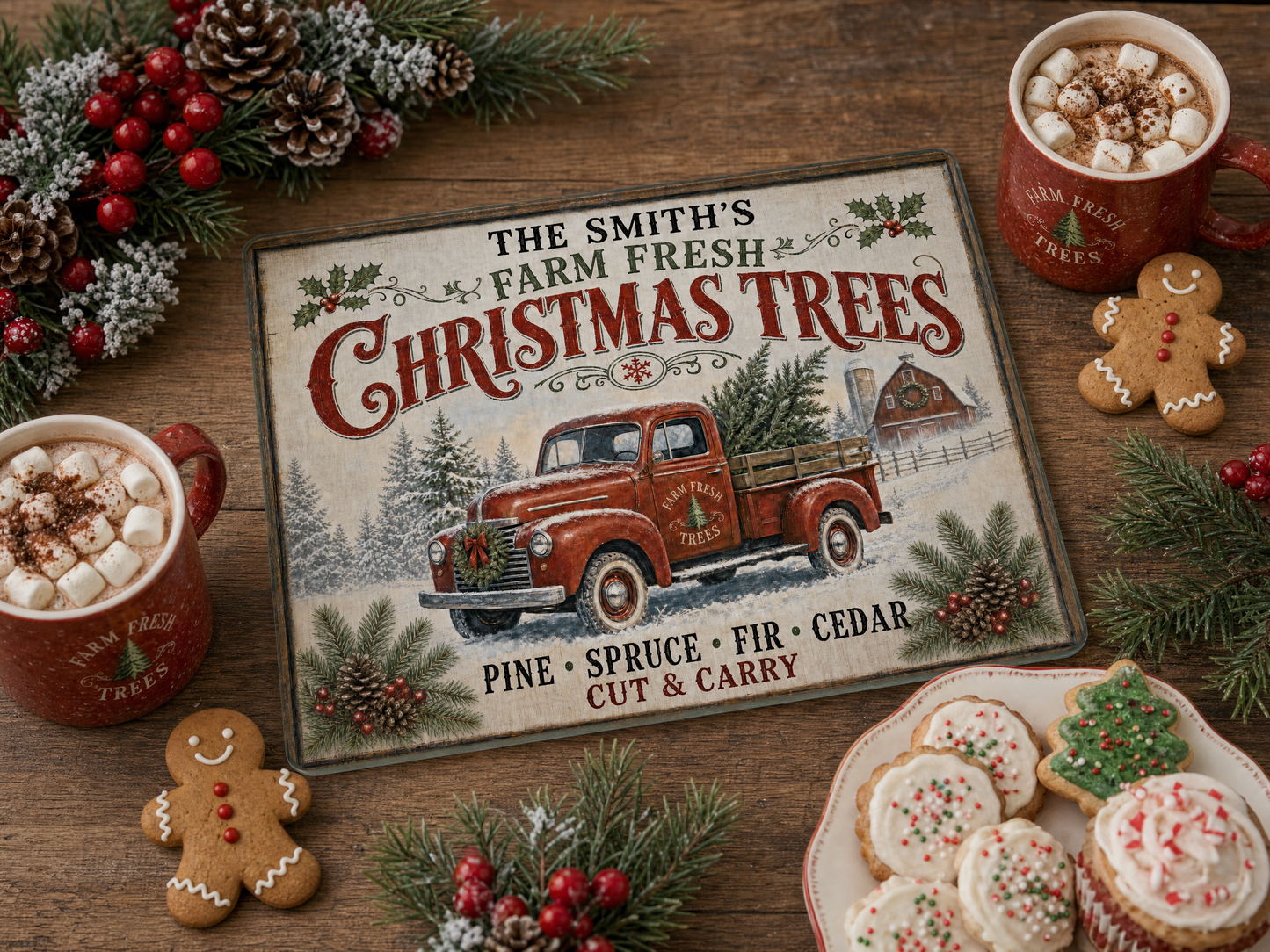Personalized Farm Fresh Christmas Trees Glass Cutting Board 15x11 in