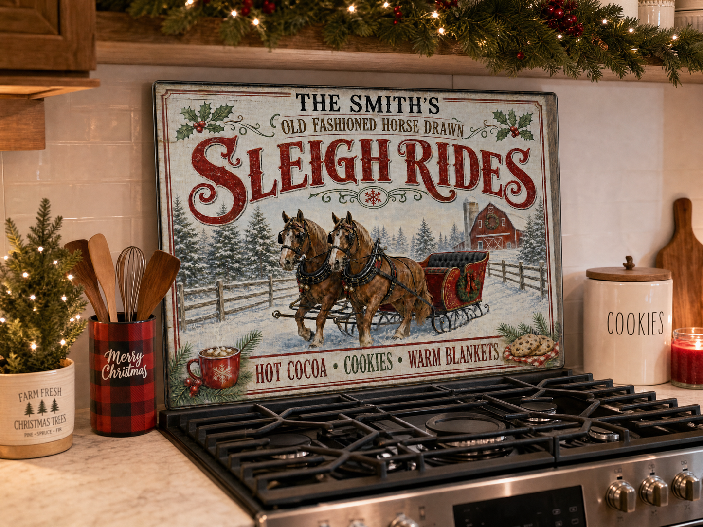 Personalized Horse Drawn Sleigh Rides Tempered Glass Cutting Board 15" x 11"