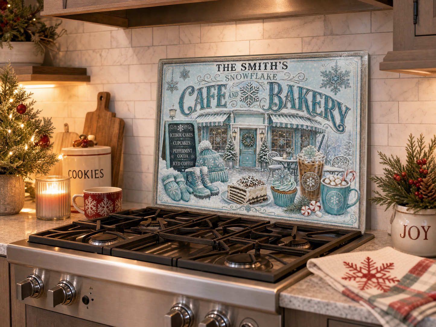 Personalized Snowflake Cafe Bakery Tempered Glass Cutting Board 15” x 11”