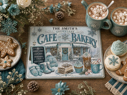 Personalized Snowflake Cafe Bakery Tempered Glass Cutting Board 15” x 11”