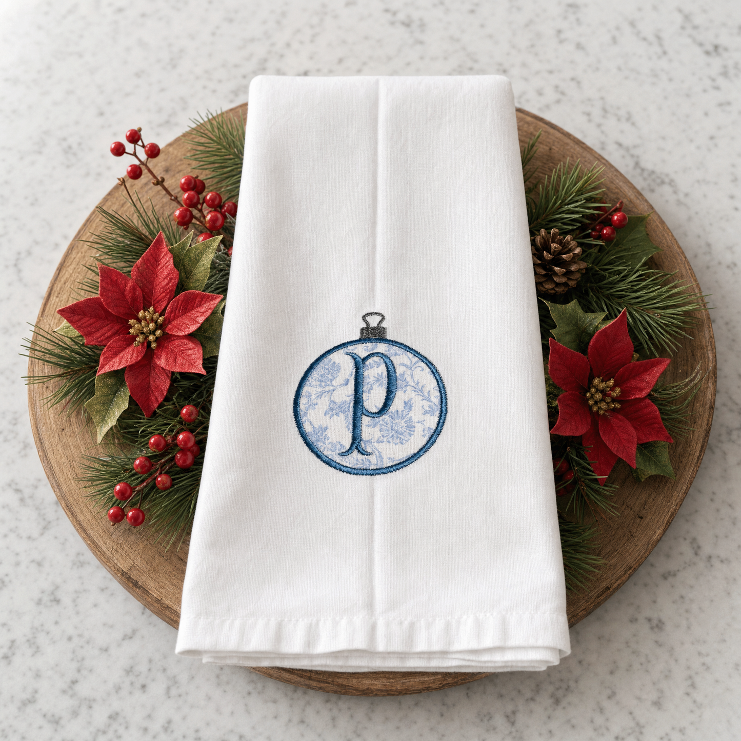 Personalized Blue Toile Christmas Ornament Embroidered Dish Towel 20x30 in