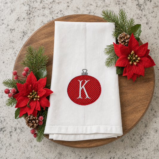 Personalized Red and White Christmas Ornament Embroidered Dish Towel 20x30 in