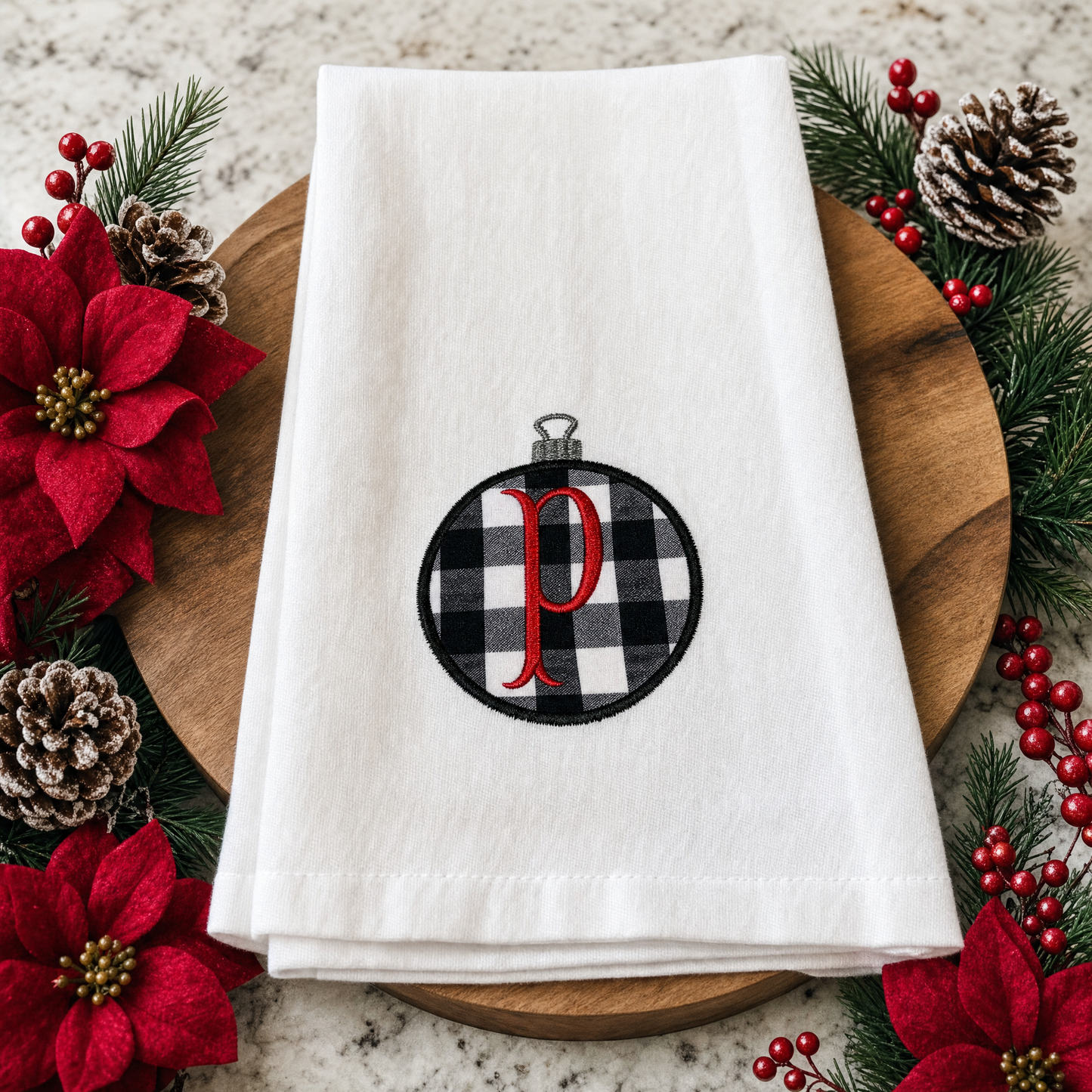 Personalized Plaid Christmas Ornament Embroidered Dish Towel 20x30