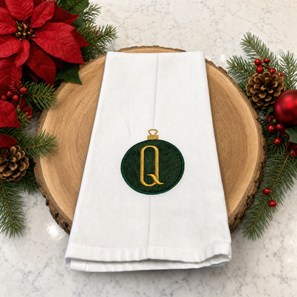 Personalized Green and Gold Christmas Ornament Embroidered Dish Towel 20x30