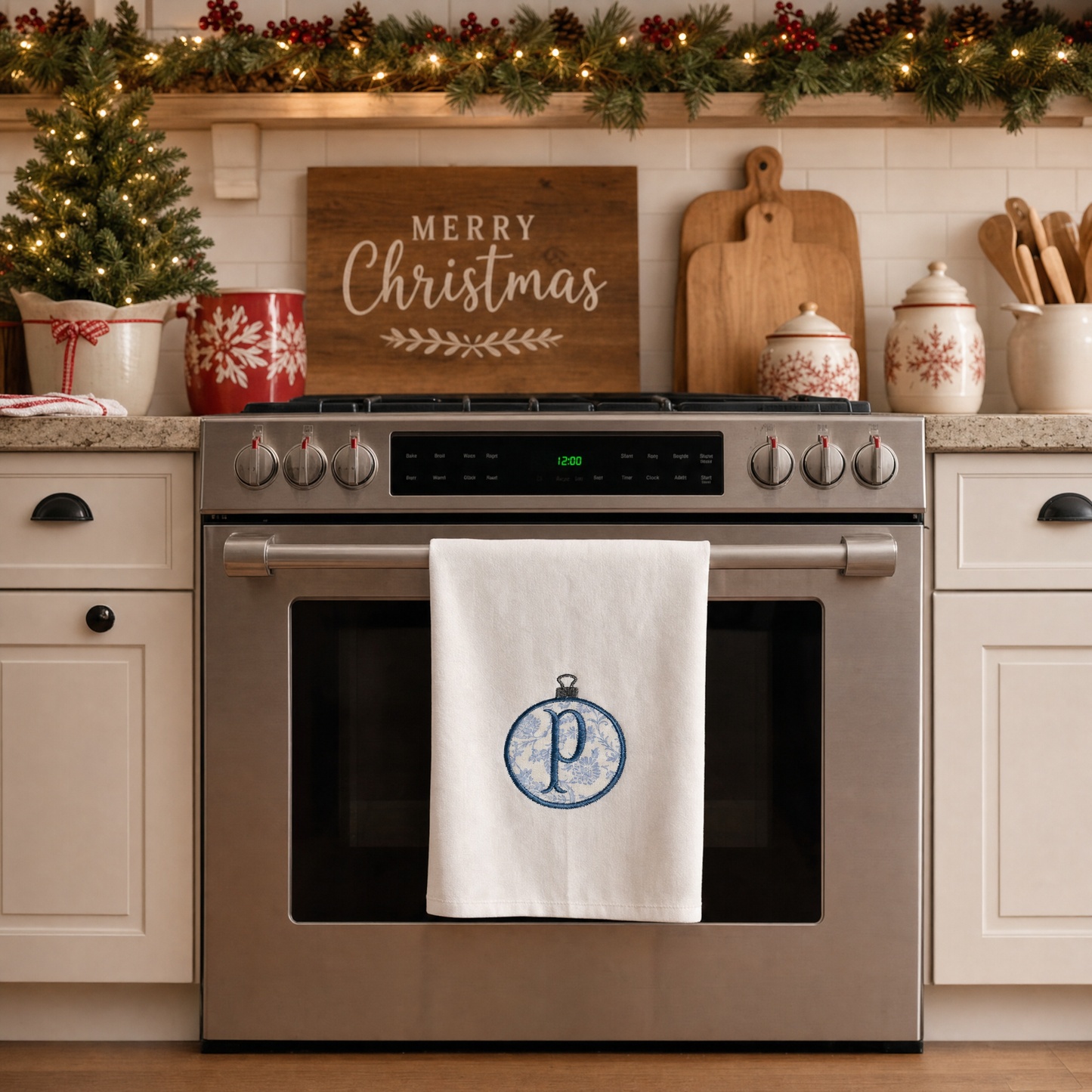 Personalized Blue Toile Christmas Ornament Embroidered Dish Towel 20x30 in
