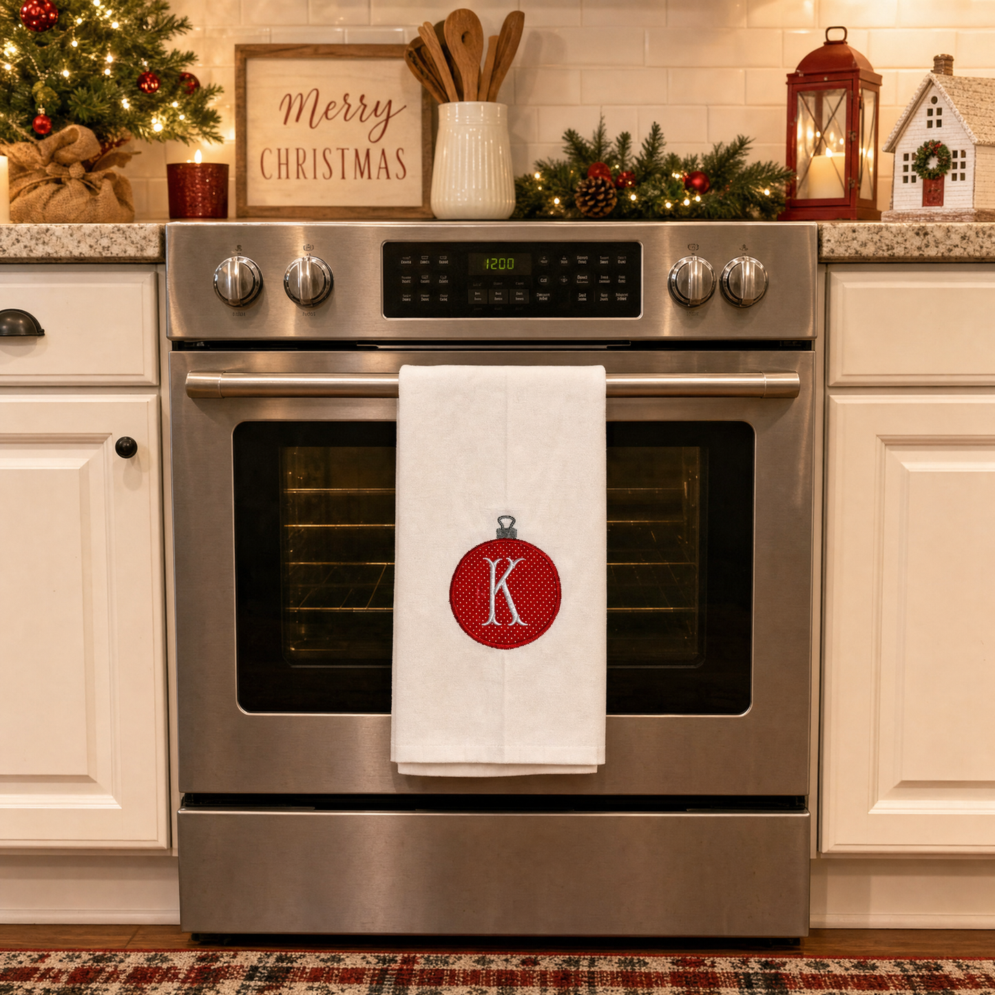 Personalized Red and White Christmas Ornament Embroidered Dish Towel 20x30 in