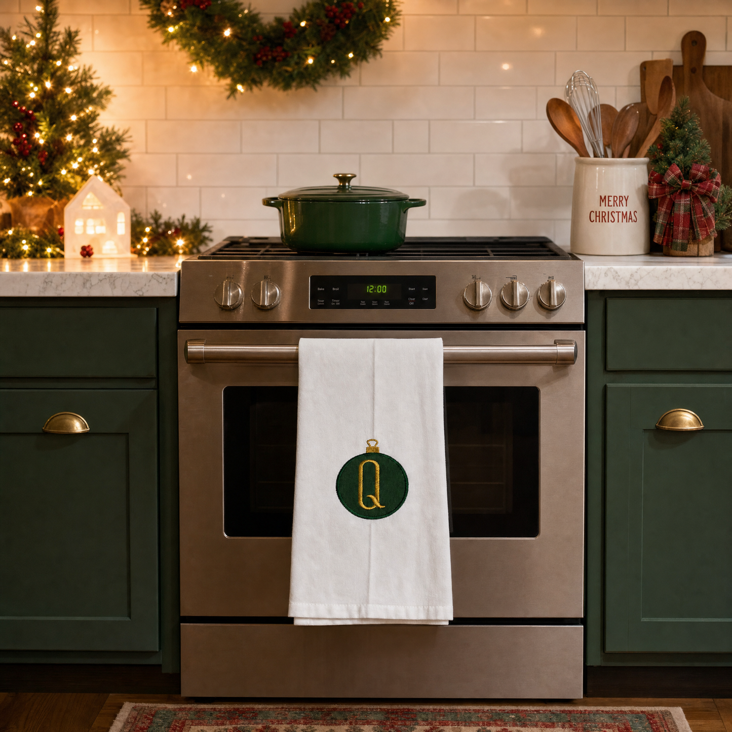 Personalized Green and Gold Christmas Ornament Embroidered Dish Towel 20x30