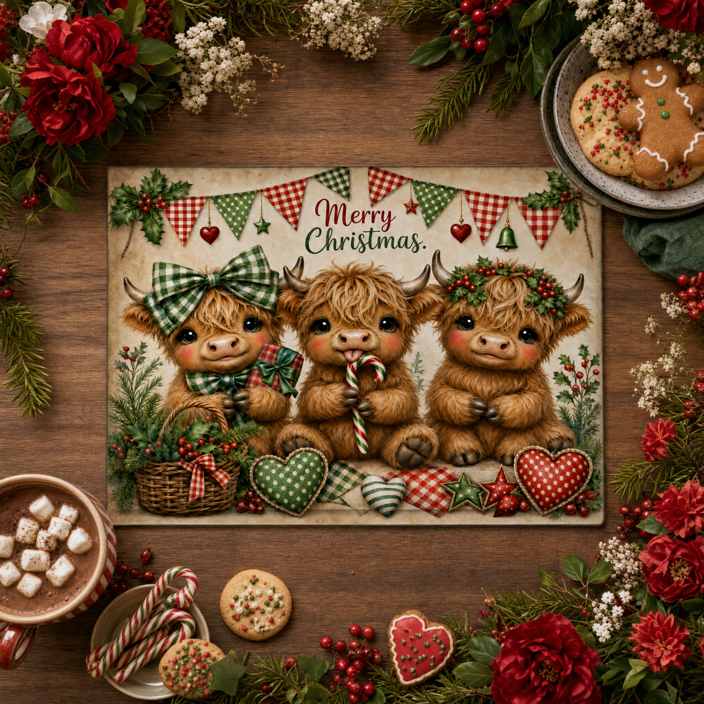 Highland Cow Farmhouse Christmas Tempered Glass Cutting Board 15x11