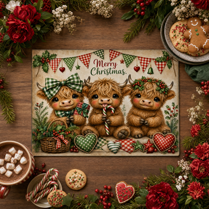 Highland Cow Farmhouse Christmas Tempered Glass Cutting Board 15x11