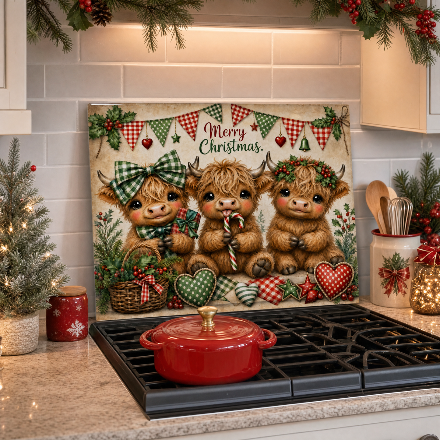 Highland Cow Farmhouse Christmas Tempered Glass Cutting Board 15x11