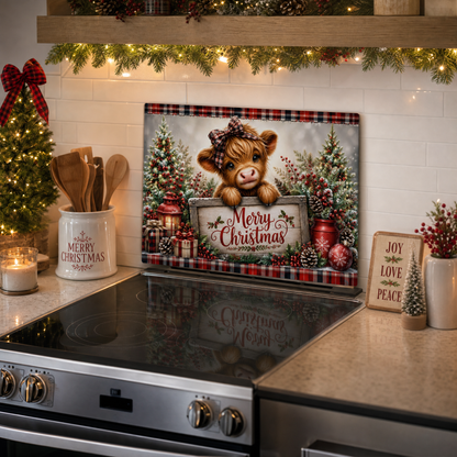 Plaid Highland Cow Merry Christmas Glass Cutting Board 15x11