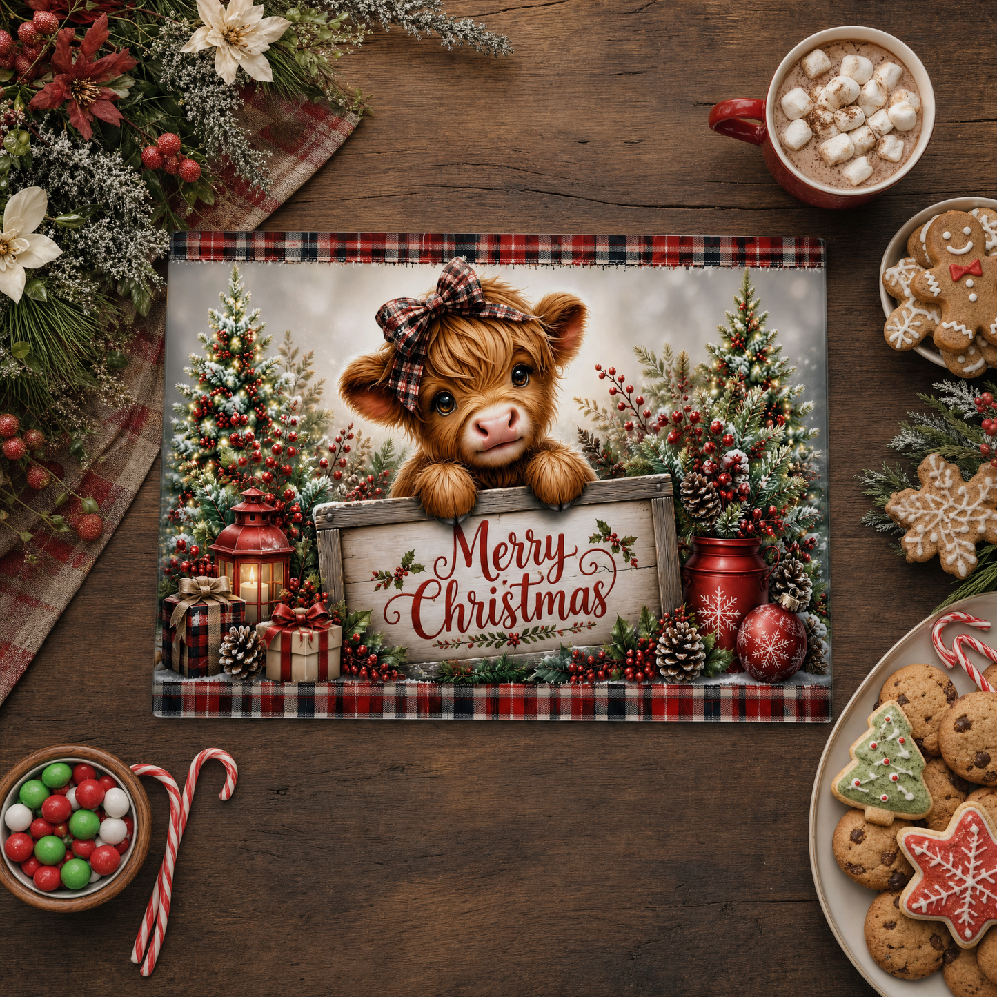 Plaid Highland Cow Merry Christmas Glass Cutting Board 15x11