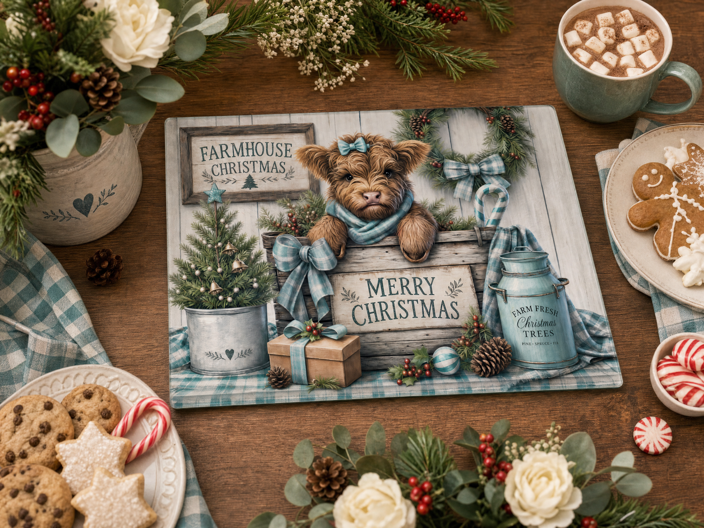 Farmhouse Christmas Highland Cow Tempered Glass Cutting Board 15x11