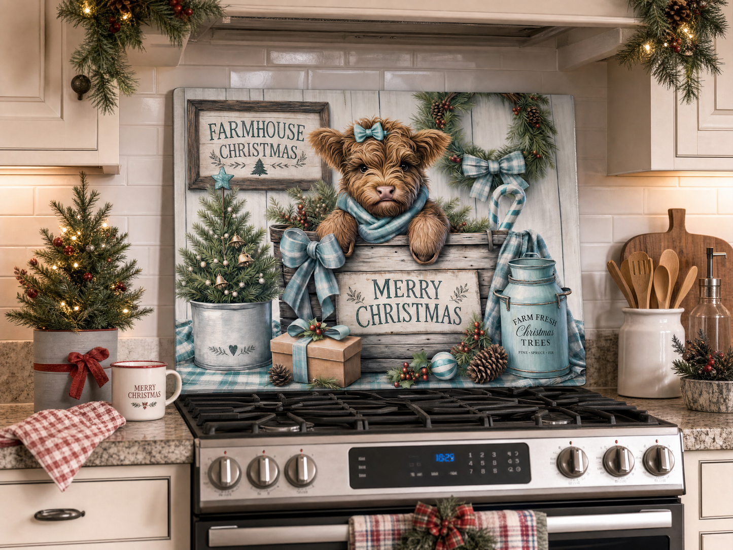 Farmhouse Christmas Highland Cow Tempered Glass Cutting Board 15x11