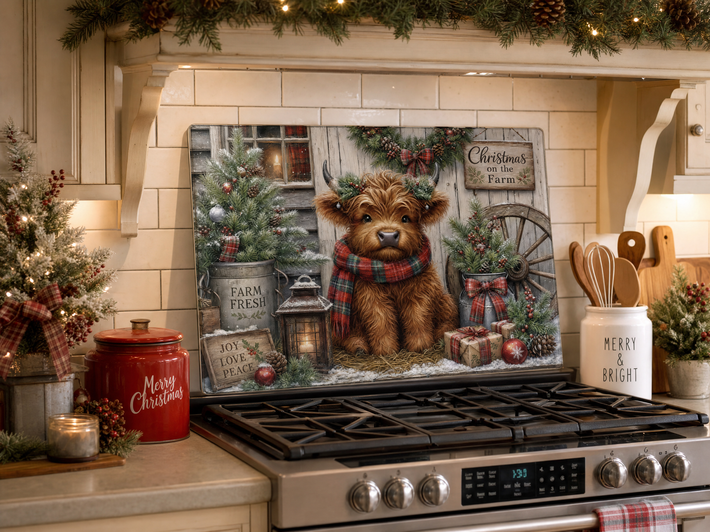 Christmas Highland Cow Tempered Glass Cutting Board 15" x 11"