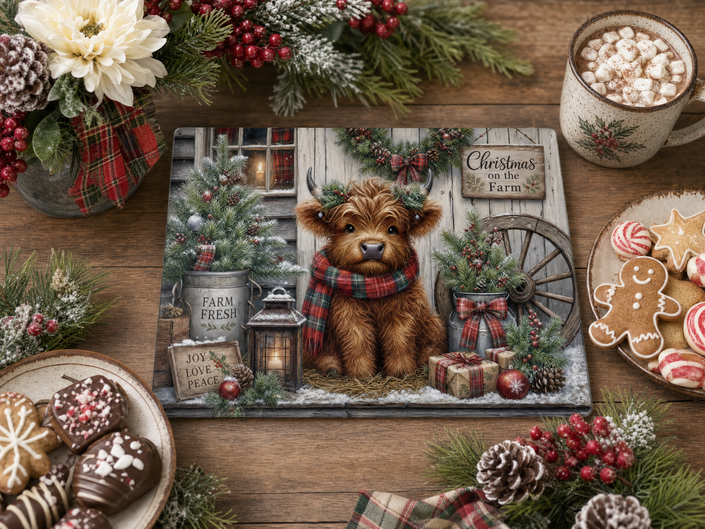 Christmas Highland Cow Tempered Glass Cutting Board 15" x 11"
